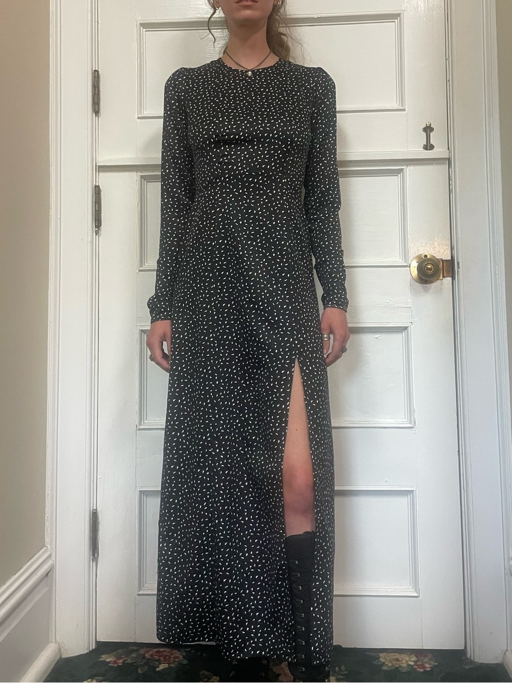 Black Long Sleeve Maxi Dress with White Dot Print Sz Small